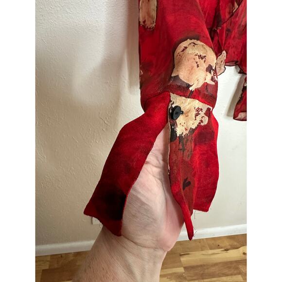 S.L.B. Vintage Woman's Size XL 100% Silk Red Floral  Ruffle Button Down Blouse - Picture 2 of 7